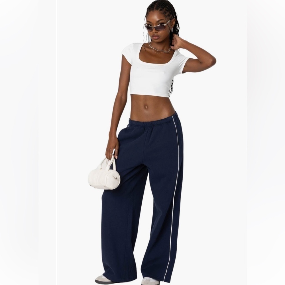NWT Edikted Autumn Cotton Blend Sweat Pants Navy w White Side Stripe Womens XL